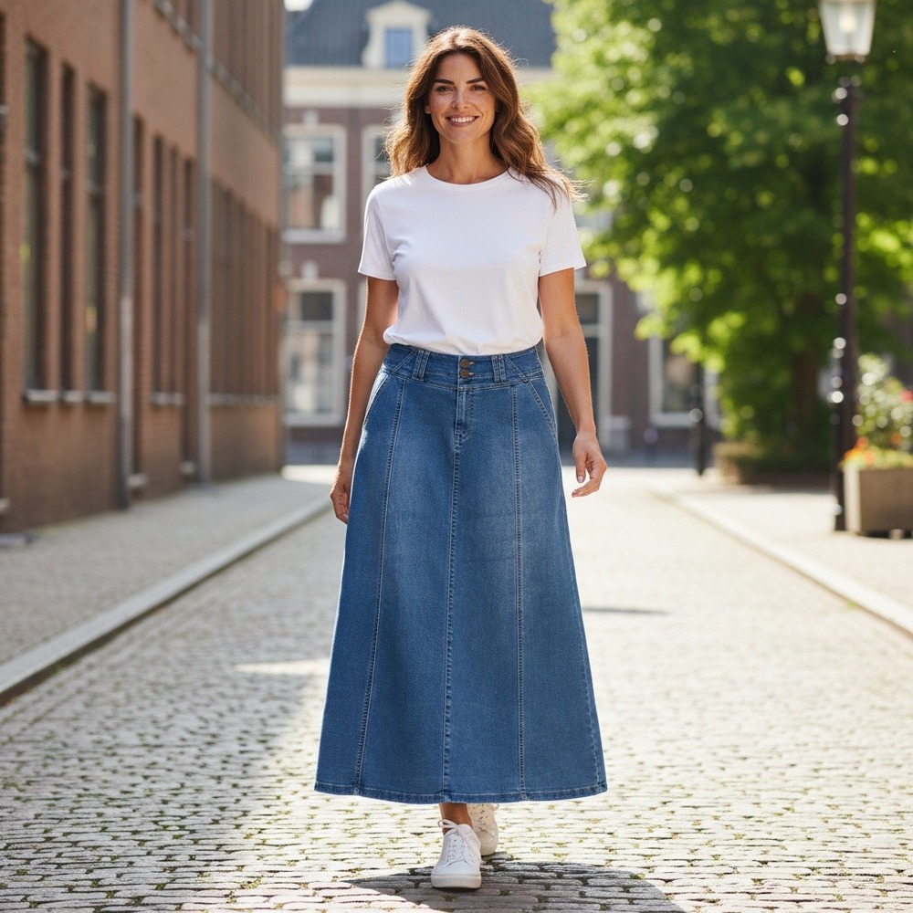 One 5 One Denim Maxi Skirt L Blue High Rise Stretch A-Line Back Slit Long Jean